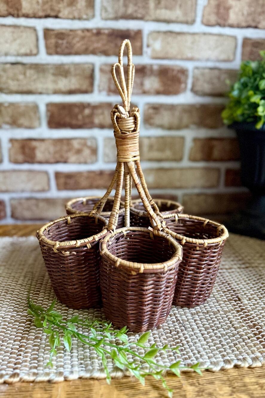 Vintage Wicker Cutlery Caddy | 1970s Rattan Utensil & Condiment Holder